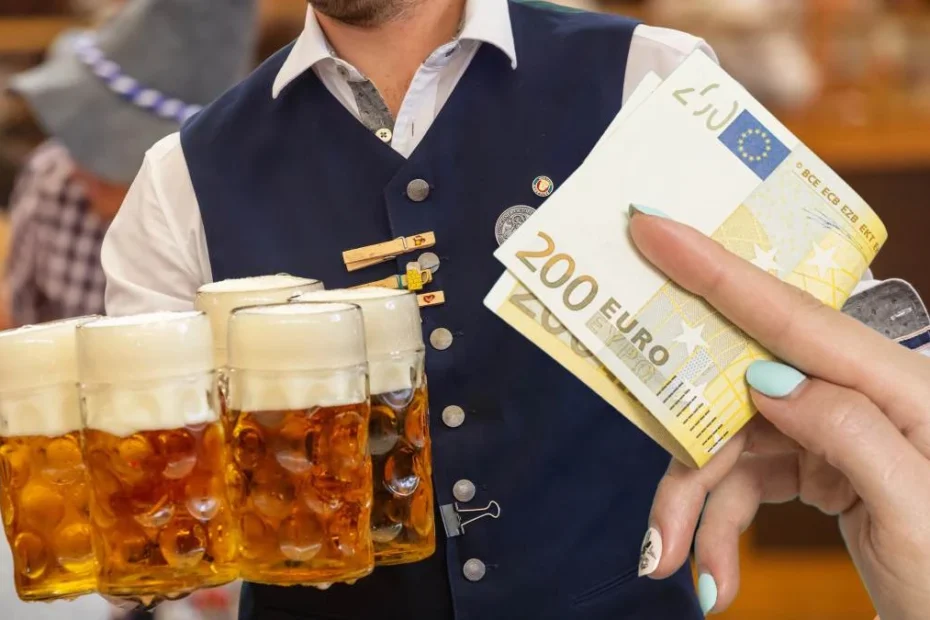 Рекордні ціни на Oktoberfest: за цю страву гості платять 229 євро. На фото: чоловік із кухлями пива, рука яеа тримає купюру 200 євро.